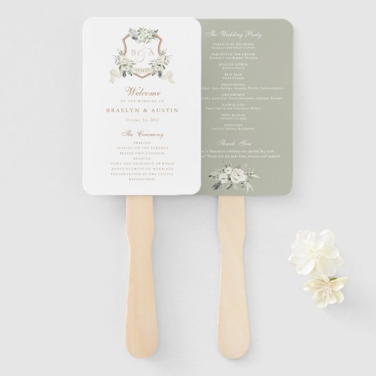 Witte Bloemen Groen Sage Monogram Crest Bruiloft Handwaaier (Voorkant en achterkant)