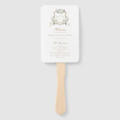 Witte Bloemen Groen Sage Monogram Crest Bruiloft Handwaaier (Voorkant)