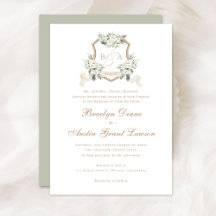 Witte Bloemen Groen Sage Monogram Crest Bruiloft