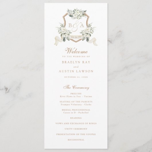 Witte Bloemen Groen Sage Monogram Crest Bruiloft Programma (Voorkant)