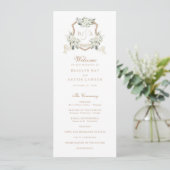 Witte Bloemen Groen Sage Monogram Crest Bruiloft Programma (Staand voorkant)