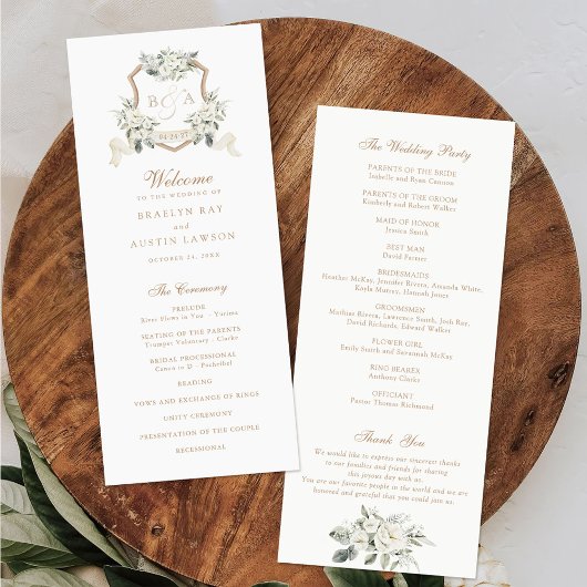 Witte Bloemen Groen Sage Monogram Crest Bruiloft Programma