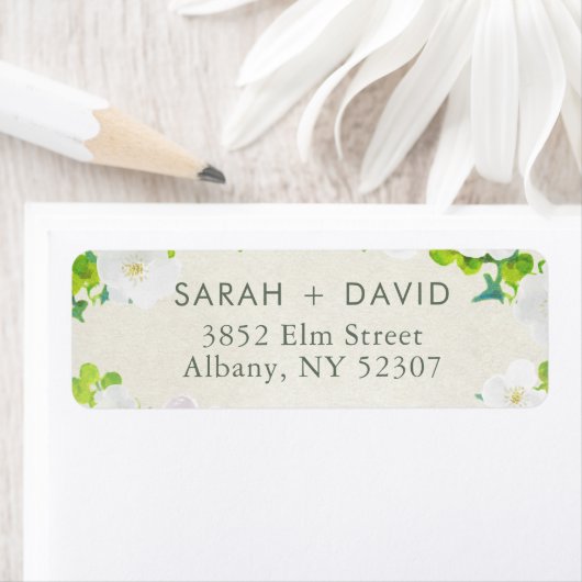 Witte Bloemen Groene bladeren Aangepaste Sjabloon Etiket (Insitu)