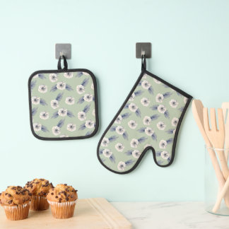 Witte Bloemen & Groene Salie Sage Ovenwant & Pannenlap Set