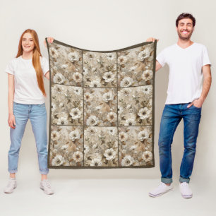 Witte Bloemen Grunge  geïnspireerde Quilt Pattern Fleece Deken