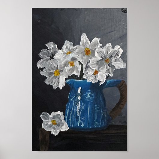 Witte bloemen in een blauw pitcher poster (Voorkant)