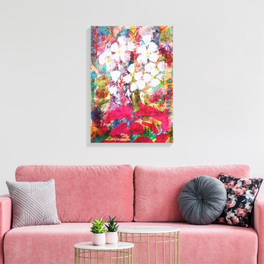 Witte bloemen in Roze Stretched Canvas Afdrukken (Insitu (Woonkamer))