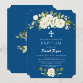 Witte Bloemen Klassieke Blauwe Jongensdoop Kaart (Voorkant / Achterkant)
