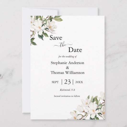 Witte Bloemen Magnolias Groen QR code Bruiloft Save The Date (Voorkant)