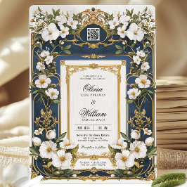 Witte Bloemen Marine Blauw & Goud Huwelijksuitnodi Kaart