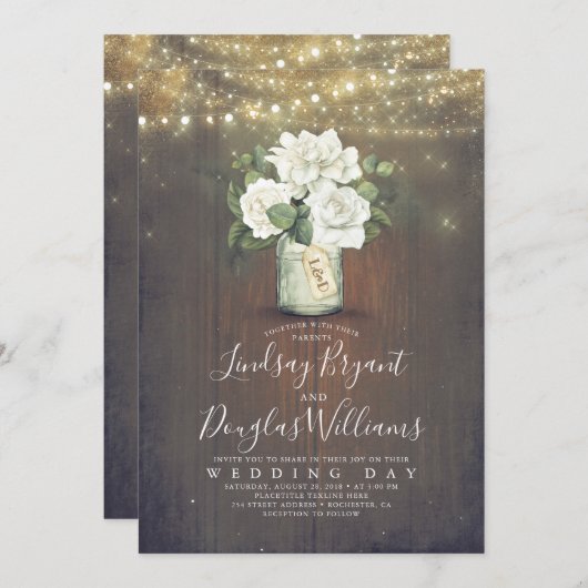 Witte Bloemen Mason Jar Rustiek Land Bruiloft Kaart (Voorkant / Achterkant)