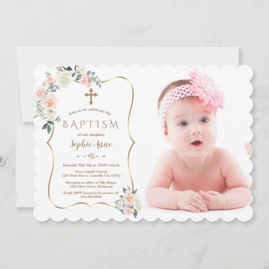 Witte Bloemen met Gouden Lijst Foto Doop Kaart (Voorkant)