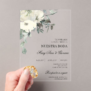 Witte Bloemen met gouden ring Spaanse bruiloft Acryl Uitnodigingen