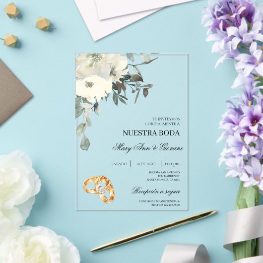 Witte Bloemen met gouden ring Spaanse bruiloft Acryl Uitnodigingen (Insitu (Huwelijk))