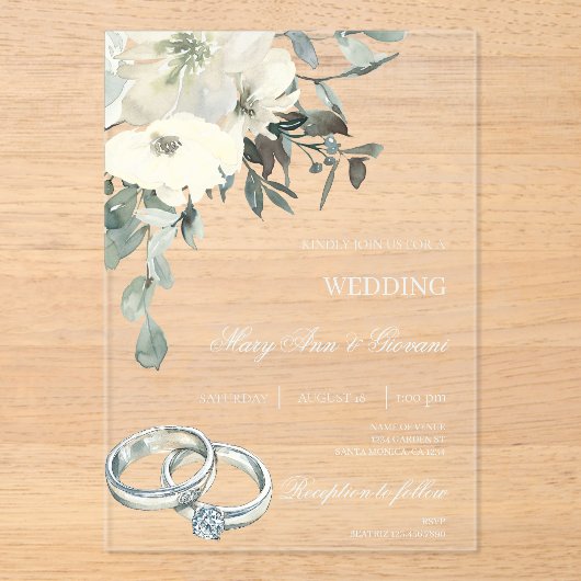 Witte Bloemen met gouden ring Trouwen Acryl Uitnodigingen (Voorkant)