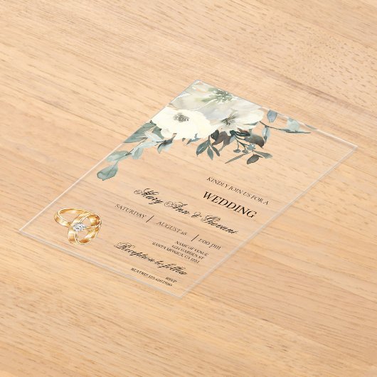 Witte Bloemen met gouden ring Trouwen Acryl Uitnodigingen (Laagn)