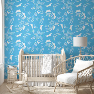 Witte Bloemen met Hemelsblauwe Achtergrond Behang