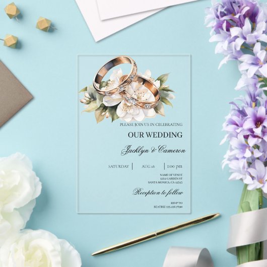 Witte Bloemen met Ring Wedding Acryl Uitnodigingen (Insitu (Huwelijk))