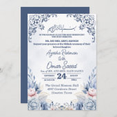 Witte Bloemen Nikkah Blauw Wit Uitnodiging (Voorkant / Achterkant)