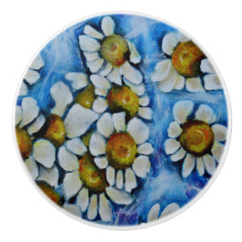 Witte Bloemen op een blauwe achtergrond Keramische Knop