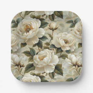 Witte bloemen op een crème achtergrond. papieren bordje