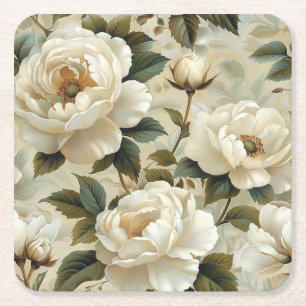 Witte bloemen op een crèmekleurige achtergrond.  vierkante kartonnen onderzetter
