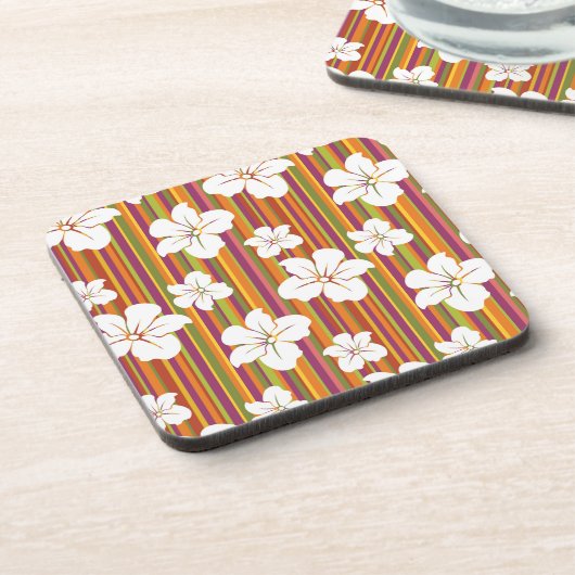 Witte bloemen op een gestreepte achtergrond bier onderzetter (Linkerzijde)