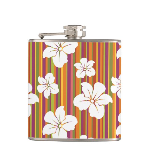 Witte bloemen op een gestreepte achtergrond heupfles (Voorkant)