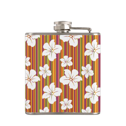 Witte bloemen op een gestreepte achtergrond heupfles (Achterkant)