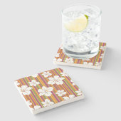 Witte bloemen op een gestreepte achtergrond stenen onderzetter (Zijkant)