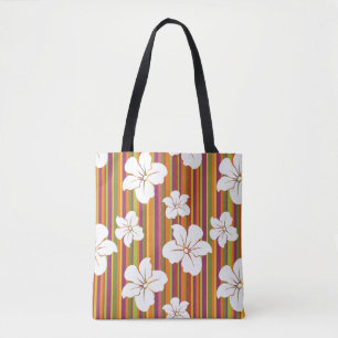 Witte bloemen op een gestreepte achtergrond tote bag