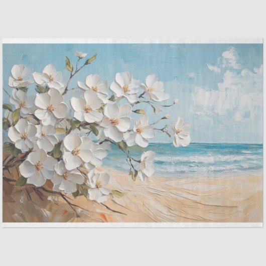 Witte bloemen op het strand olieverfschilderij tissuepapier (Voorkant)