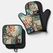 Witte bloemen op kleurrijke abstracte achtergrond  ovenwant & pannenlap set (Voorkant / Achterkant)