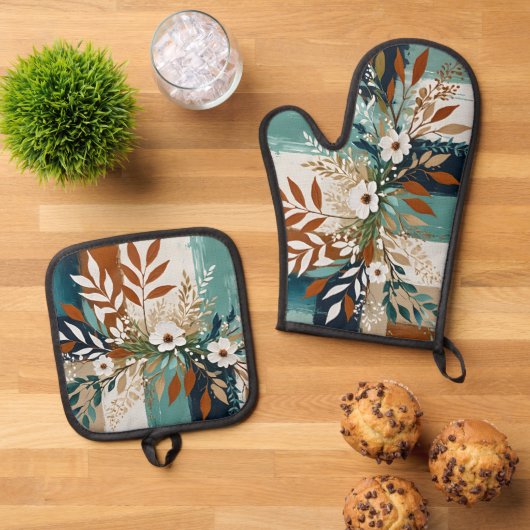 Witte bloemen op kleurrijke abstracte achtergrond  ovenwant & pannenlap set (Top down)