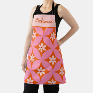 Witte bloemen op mid century roze cirkels op maat schort