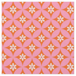 Witte bloemen op mid century roze cirkels patroon stof
