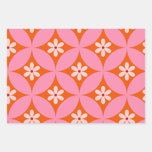 Witte bloemen op midden eeuw roze cirkels patroon inpakpapier vel (Voorkant 2)