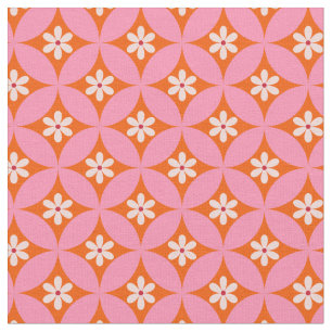 Witte bloemen op midden eeuw roze cirkels patroon stof