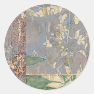 Witte bloemen op Newsprint Achtergrond Ronde Sticker