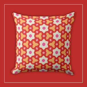 Witte bloemen op rood en perzik geometrisch bloemm kussen