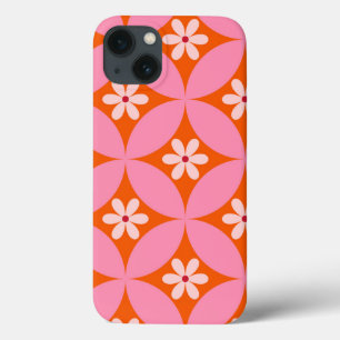 Witte bloemen op roze cirkels patroon uit het midd iPhone 13 hoesje