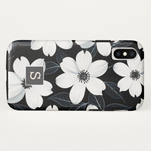 Witte bloemen op zwart Monogram Elegant Case-Mate iPhone Case (Achterkant (horizontaal))