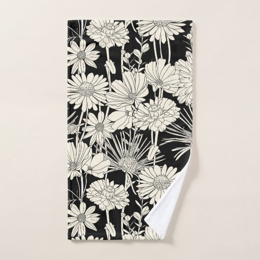 witte bloemen op zwarte achtergrond bad handdoek (Handdoek)