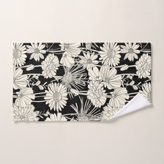 witte bloemen op zwarte achtergrond handdoek (Handdoek)