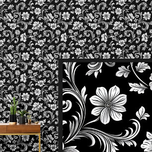 Witte Bloemen op Zwarte Dramatische Gotische Damas Behang
