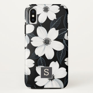 Witte bloemen op Zwarte Monogram Elegant iPhone X Hoesje