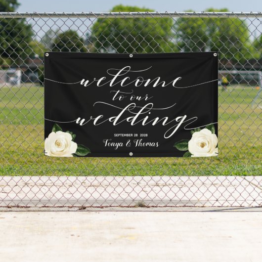 Witte Bloemen Pioenkalligrafie Welkom op onze brui Spandoek (Insitu)