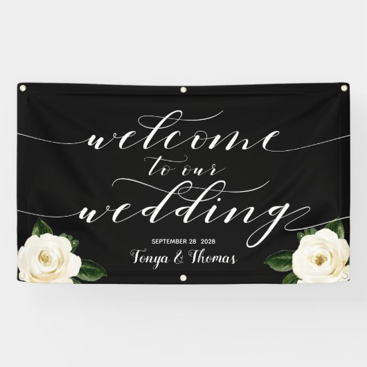 Witte Bloemen Pioenkalligrafie Welkom op onze brui Spandoek (Horizontaal)