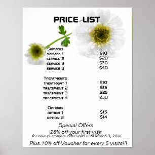 Witte bloemen Reiki zen prijstlijst Poster