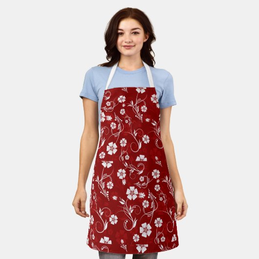 Witte bloemen rode achtergrond schort (Gedragen)